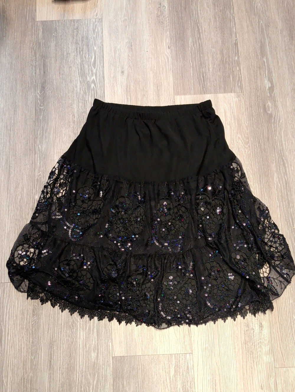 Vintage Whimsigoth Black Sequined Lace Tiered Skirt